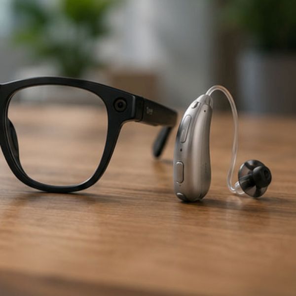 Quand les univers de l’optique et de l’audition se rencontrent Lunettes connectées et appareil auditif moderne illustrant la convergence entre vision et audition